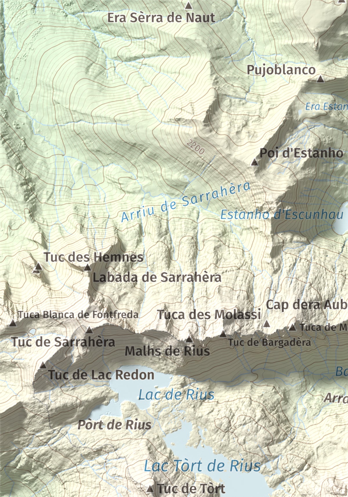 Mapa de relieve de Tossau de Mar, 2750 m, Val d'Aran, lámina 100 Cims de Trobart. Detalle de la zona superior izquierda. 21 × 30 cm.