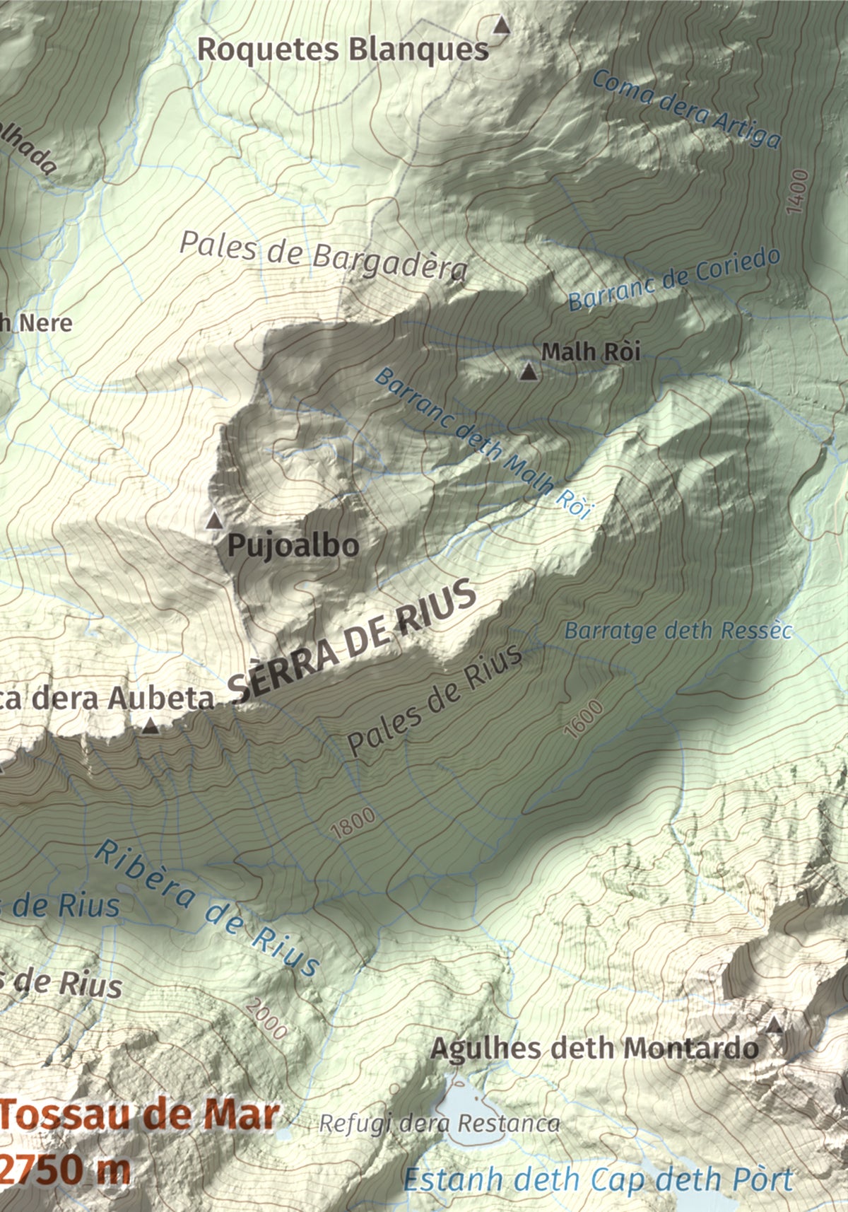 Mapa de relieve de Tossau de Mar, 2750 m, Val d'Aran, lámina 100 Cims de Trobart. Detalle de la zona superior derecha. 21 × 30 cm.