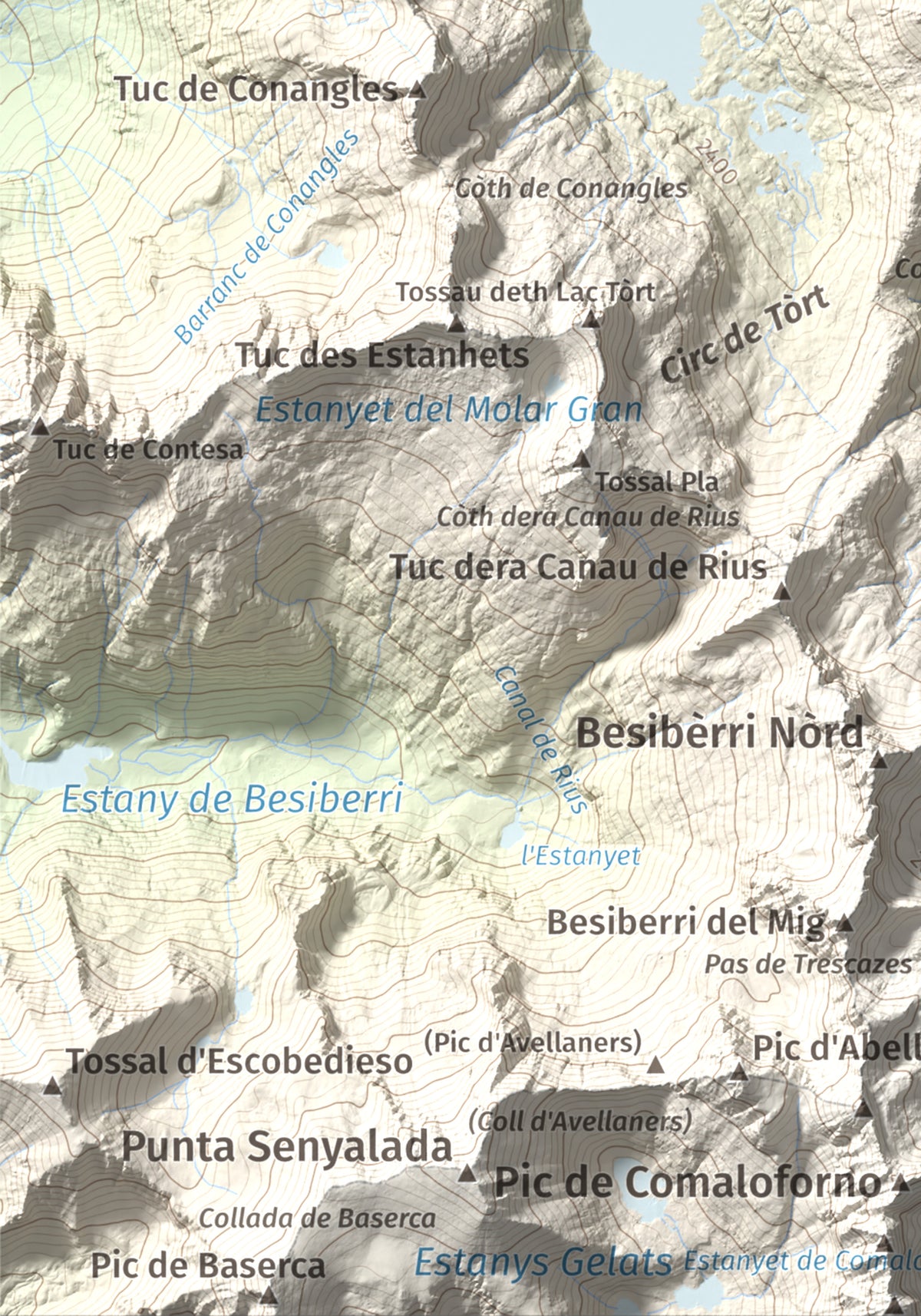 Mapa de relieve de Tossau de Mar, 2750 m, Val d'Aran, lámina 100 Cims de Trobart. Detalle de la zona inferior izquierda. 21 × 30 cm.