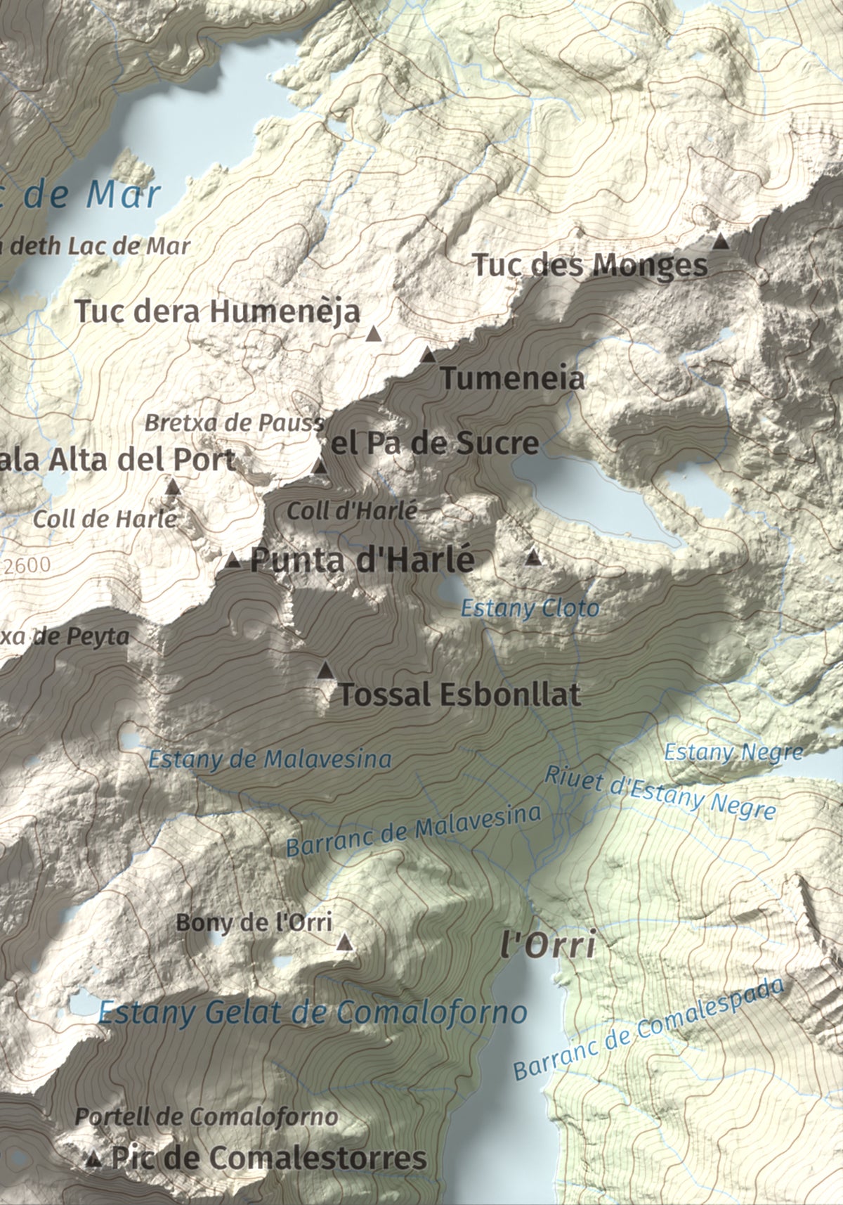 Mapa de relieve de Tossau de Mar, 2750 m, Val d'Aran, lámina 100 Cims de Trobart. Detalle de la zona inferior derecha. 21 × 30 cm.