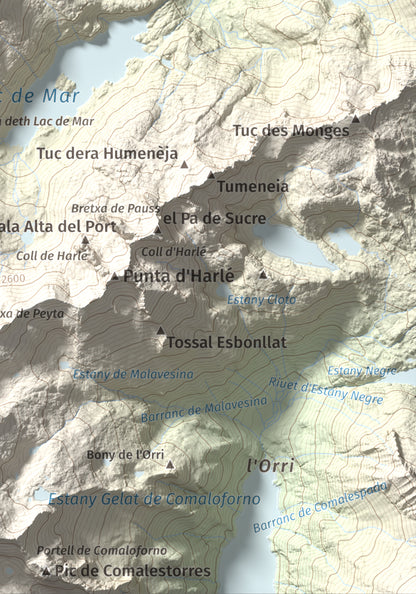 Mapa de relieve de Tossau de Mar, 2750 m, Val d'Aran, lámina 100 Cims de Trobart. Detalle de la zona inferior derecha. 21 × 30 cm.