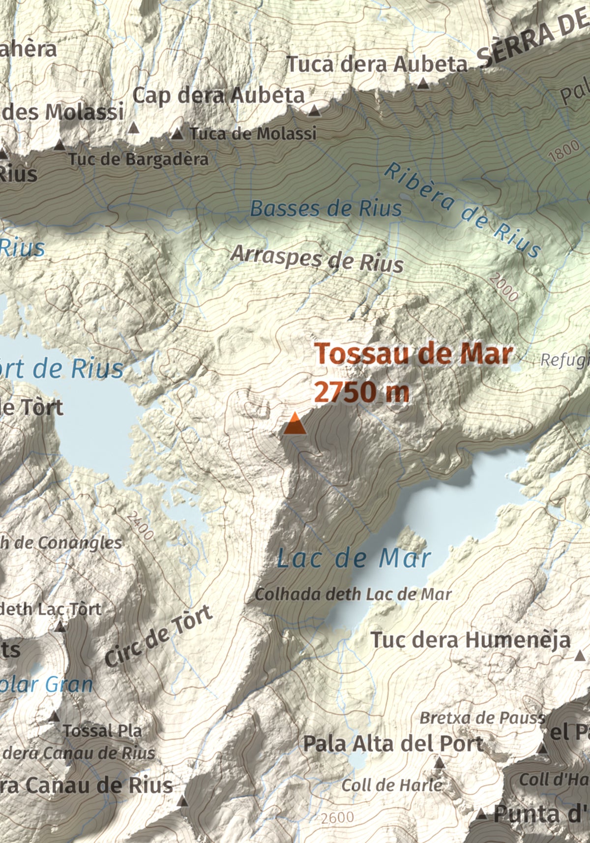 Mapa de relieve de Tossau de Mar, 2750 m, Val d'Aran, lámina 100 Cims de Trobart. Detalle de la zona central. 21 × 30 cm.