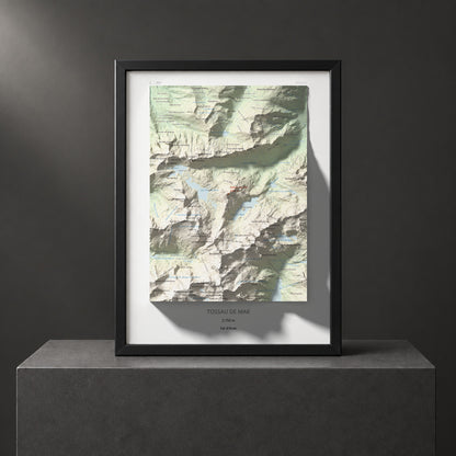 Mapa de relieve de Tossau de Mar, 2750 m, Val d'Aran, lámina 100 Cims de Trobart. Presentación enmarcada. 30 × 40 cm.