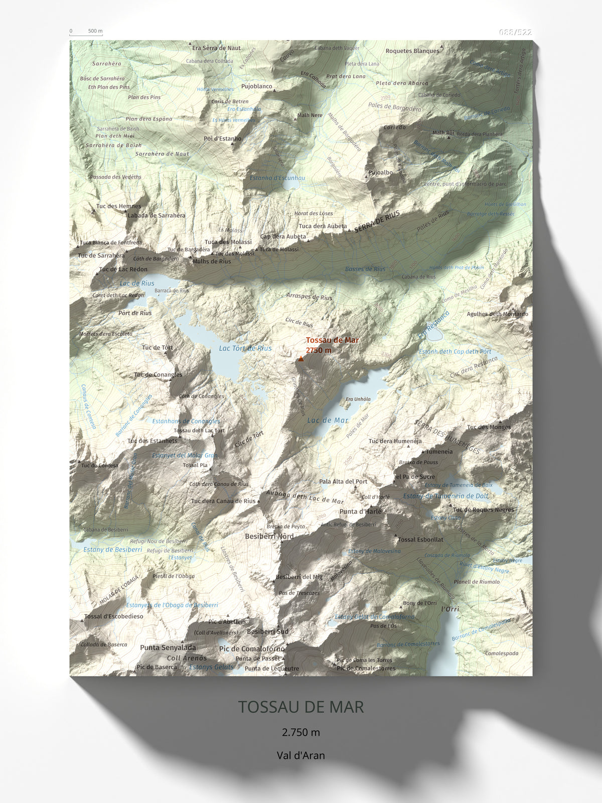 Mapa de relieve de Tossau de Mar, 2750 m, Val d'Aran, lámina 100 Cims de Trobart 30 × 40 cm.