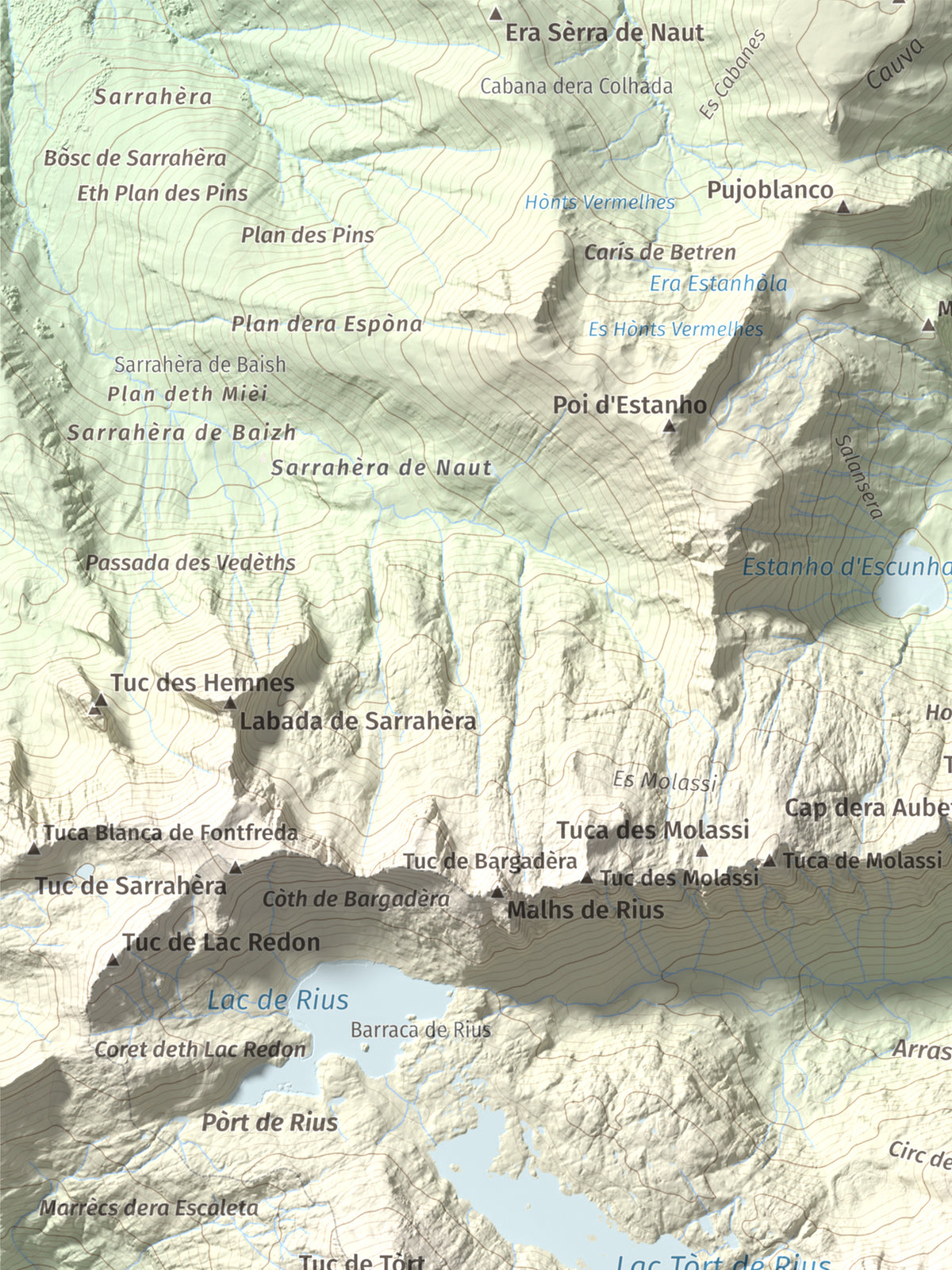 Mapa de relieve de Tossau de Mar, 2750 m, Val d'Aran, lámina 100 Cims de Trobart. Detalle de la zona superior izquierda. 30 × 40 cm.