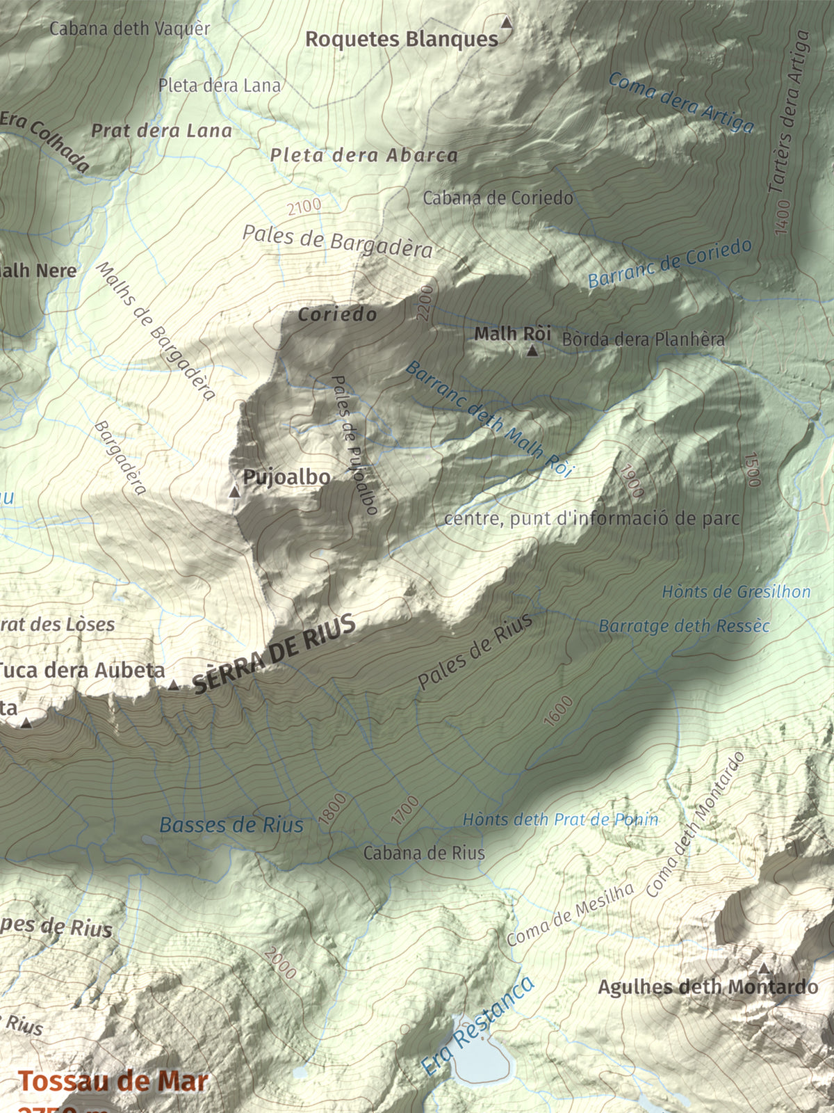 Mapa de relieve de Tossau de Mar, 2750 m, Val d'Aran, lámina 100 Cims de Trobart. Detalle de la zona superior derecha. 30 × 40 cm.