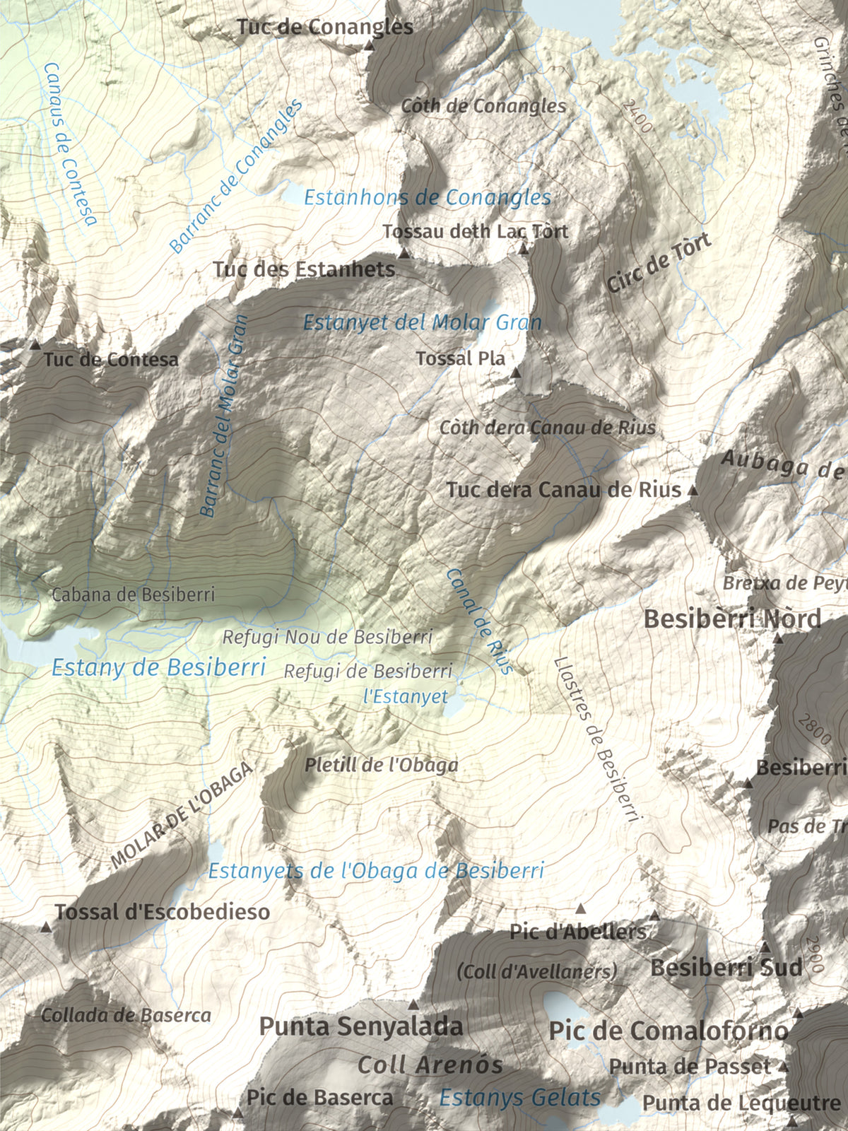 Mapa de relieve de Tossau de Mar, 2750 m, Val d'Aran, lámina 100 Cims de Trobart. Detalle de la zona inferior izquierda. 30 × 40 cm.