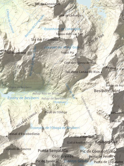 Mapa de relieve de Tossau de Mar, 2750 m, Val d'Aran, lámina 100 Cims de Trobart. Detalle de la zona inferior izquierda. 30 × 40 cm.