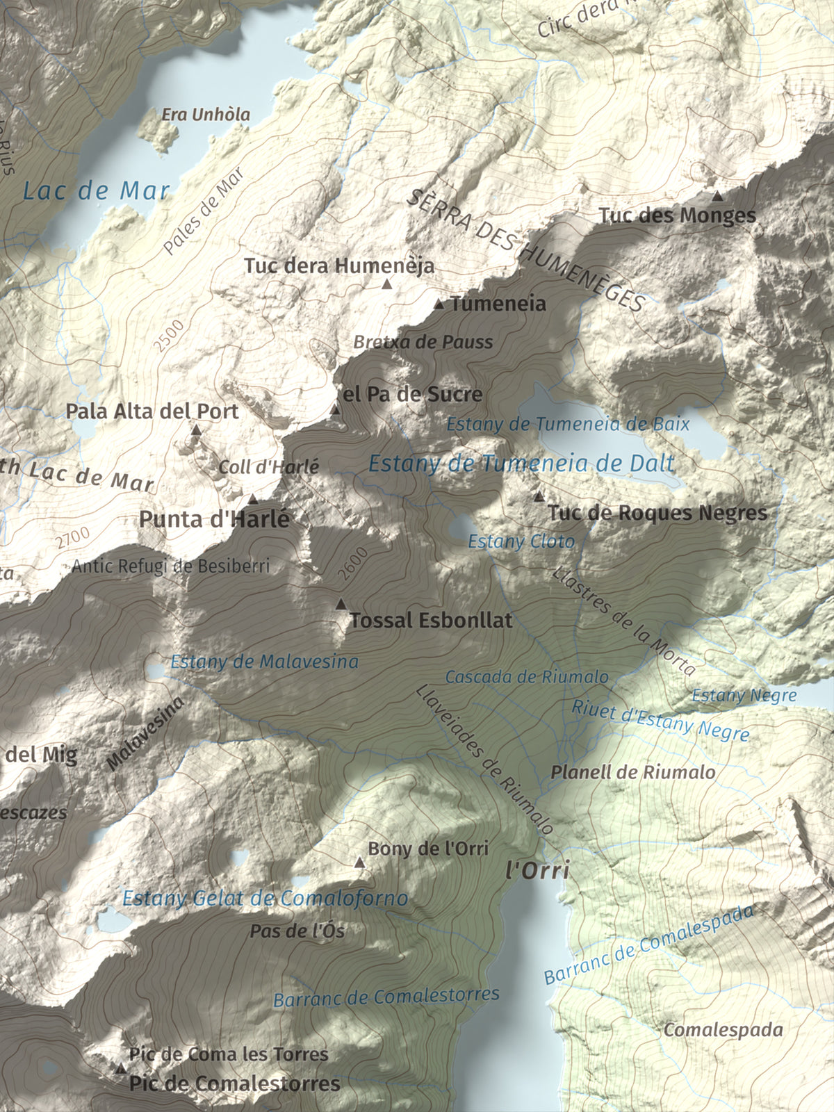 Mapa de relieve de Tossau de Mar, 2750 m, Val d'Aran, lámina 100 Cims de Trobart. Detalle de la zona inferior derecha. 30 × 40 cm.