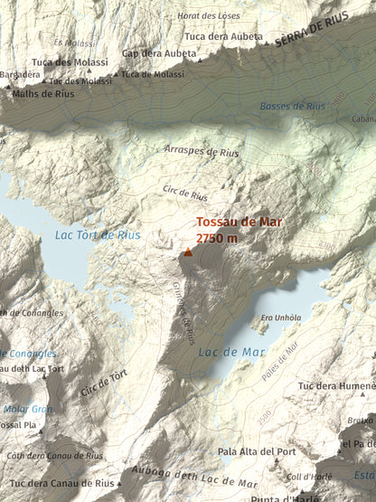 Mapa de relieve de Tossau de Mar, 2750 m, Val d'Aran, lámina 100 Cims de Trobart. Detalle de la zona central. 30 × 40 cm.