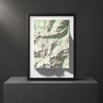 Mapa de relieve de Tossau de Mar, 2750 m, Val d'Aran, lámina 100 Cims de Trobart. Presentación enmarcada. 50 × 70 cm.