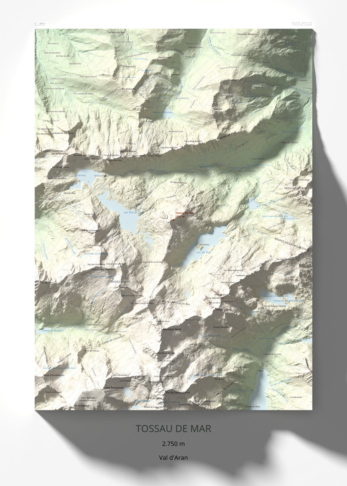 Mapa de relieve de Tossau de Mar, 2750 m, Val d'Aran, lámina 100 Cims de Trobart 50 × 70 cm.
