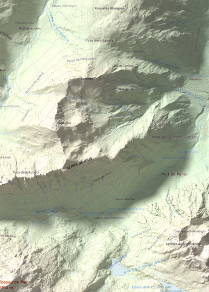 Mapa de relieve de Tossau de Mar, 2750 m, Val d'Aran, lámina 100 Cims de Trobart. Detalle de la zona superior derecha. 50 × 70 cm.