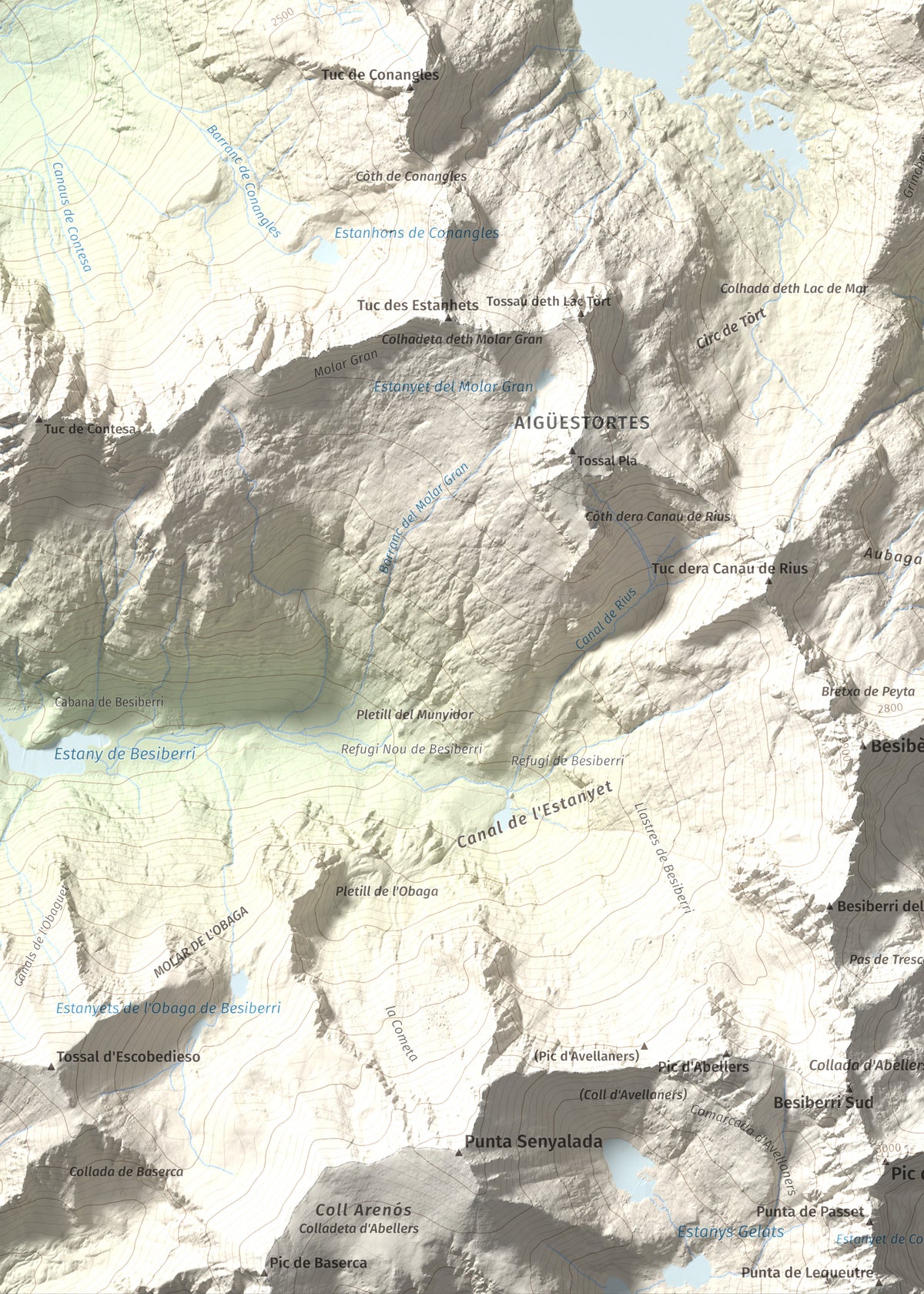 Mapa de relieve de Tossau de Mar, 2750 m, Val d'Aran, lámina 100 Cims de Trobart. Detalle de la zona inferior izquierda. 50 × 70 cm.