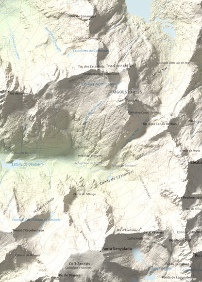 Mapa de relieve de Tossau de Mar, 2750 m, Val d'Aran, lámina 100 Cims de Trobart. Detalle de la zona inferior izquierda. 50 × 70 cm.