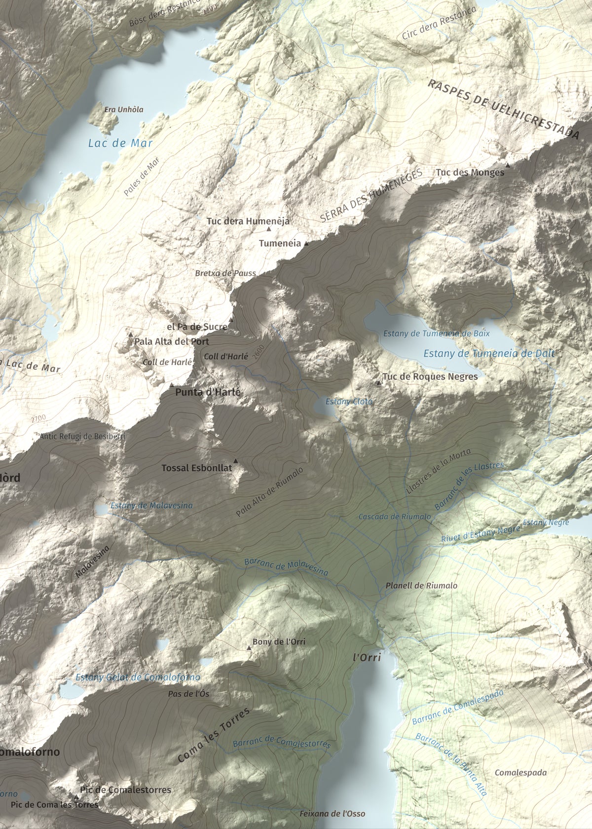 Mapa de relieve de Tossau de Mar, 2750 m, Val d'Aran, lámina 100 Cims de Trobart. Detalle de la zona inferior derecha. 50 × 70 cm.