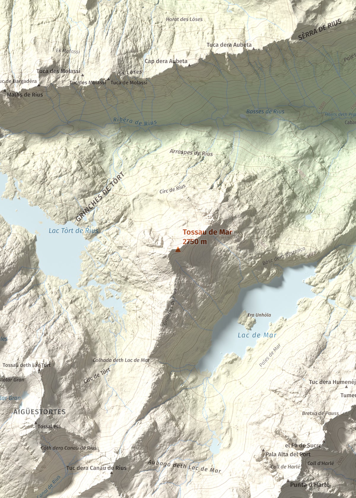 Mapa de relieve de Tossau de Mar, 2750 m, Val d'Aran, lámina 100 Cims de Trobart. Detalle de la zona central. 50 × 70 cm.
