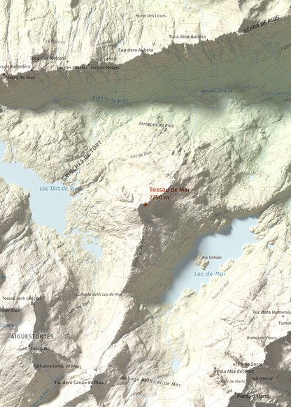 Mapa de relieve de Tossau de Mar, 2750 m, Val d'Aran, lámina 100 Cims de Trobart. Detalle de la zona central. 50 × 70 cm.