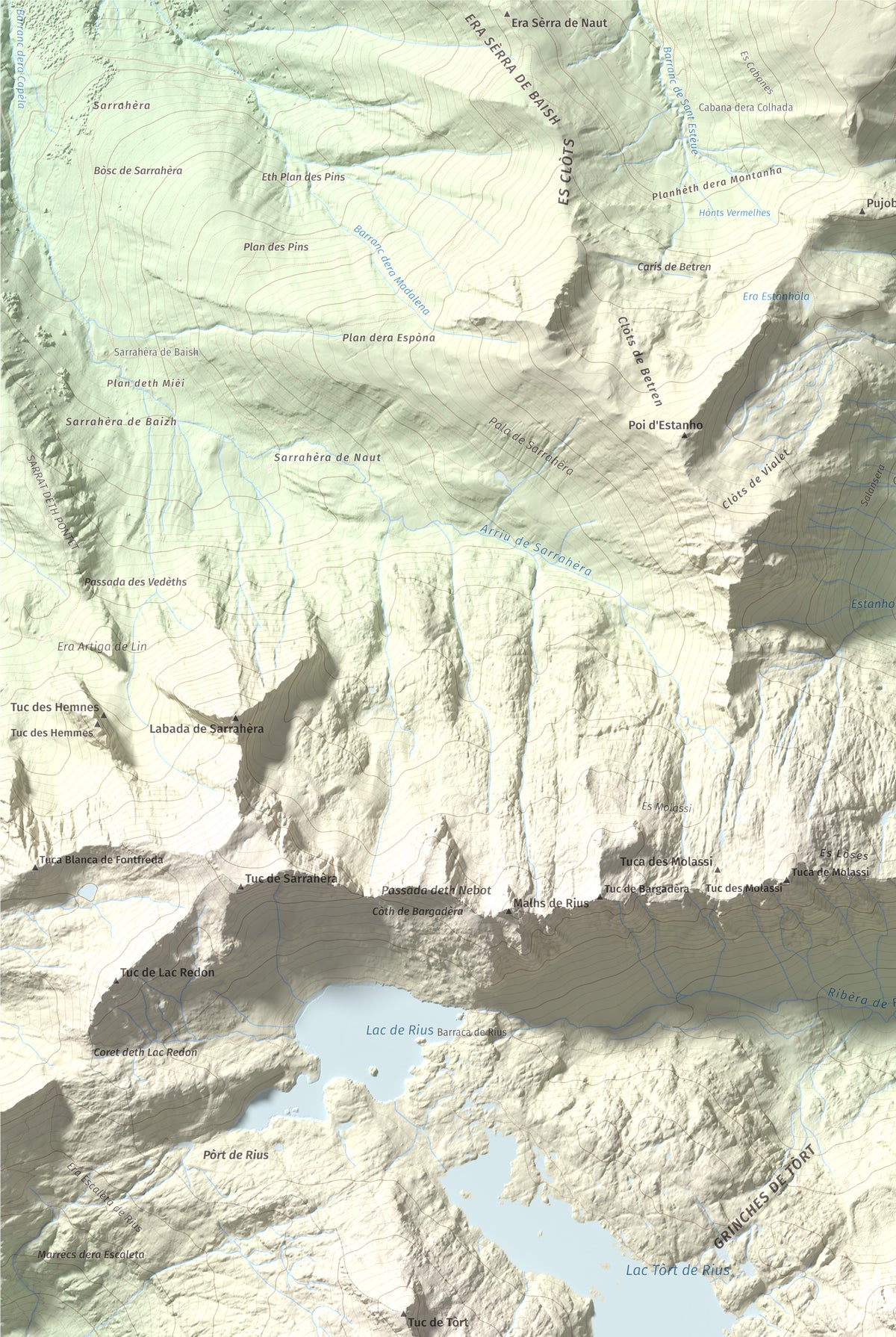 Mapa de relieve de Tossau de Mar, 2750 m, Val d'Aran, lámina 100 Cims de Trobart. Detalle de la zona superior izquierda. 61 × 91 cm.