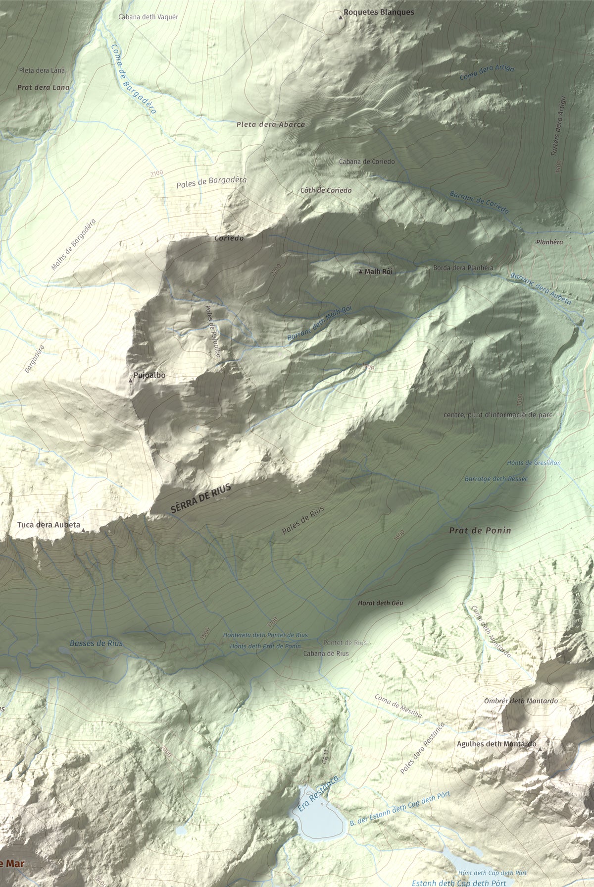 Mapa de relieve de Tossau de Mar, 2750 m, Val d'Aran, lámina 100 Cims de Trobart. Detalle de la zona superior derecha. 61 × 91 cm.