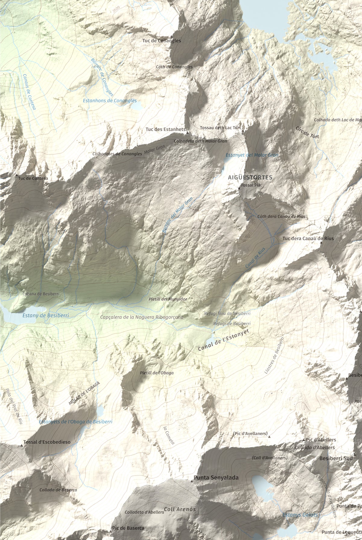 Mapa de relieve de Tossau de Mar, 2750 m, Val d'Aran, lámina 100 Cims de Trobart. Detalle de la zona inferior izquierda. 61 × 91 cm.