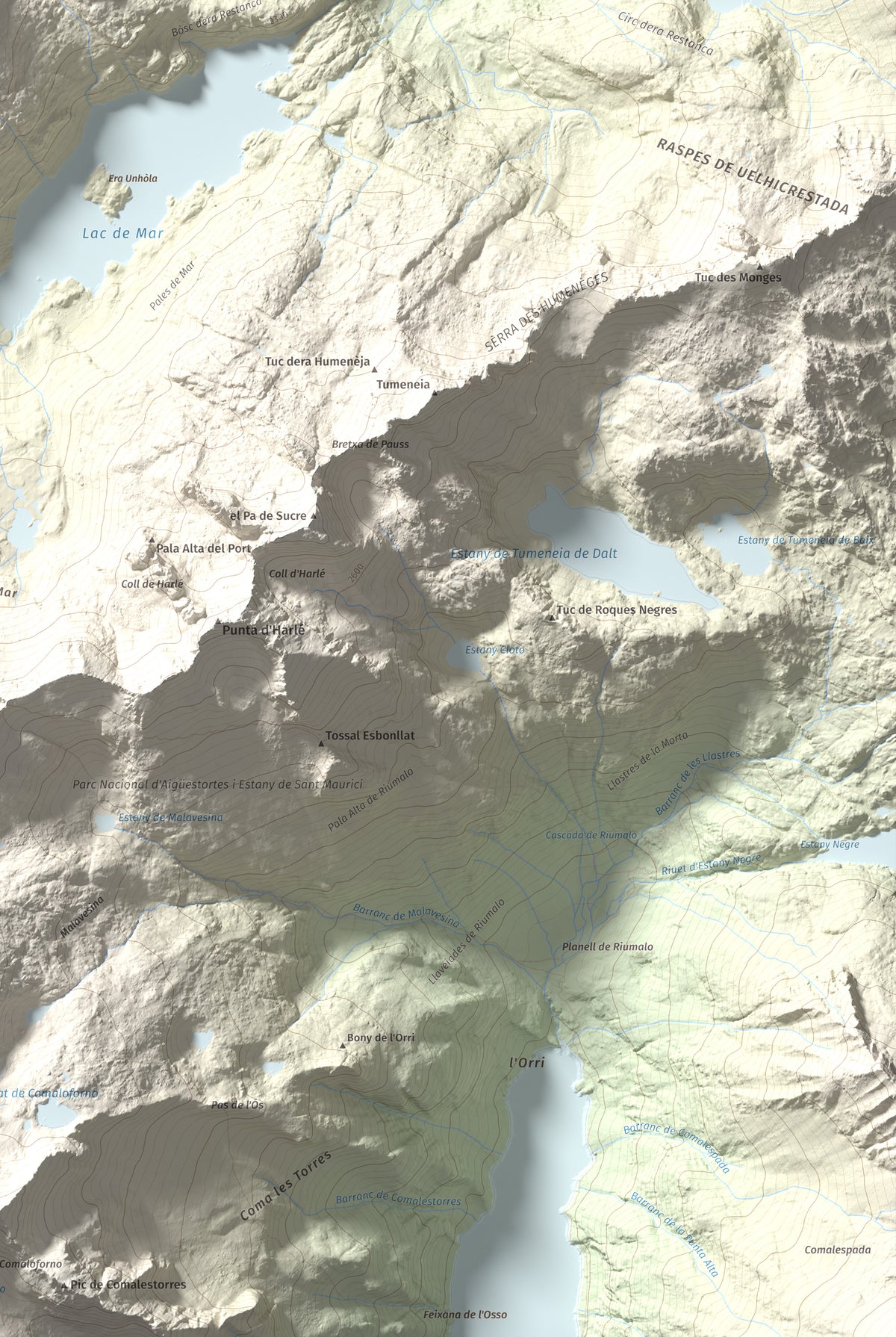 Mapa de relieve de Tossau de Mar, 2750 m, Val d'Aran, lámina 100 Cims de Trobart. Detalle de la zona inferior derecha. 61 × 91 cm.