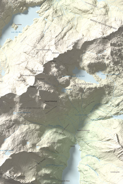 Mapa de relieve de Tossau de Mar, 2750 m, Val d'Aran, lámina 100 Cims de Trobart. Detalle de la zona inferior derecha. 61 × 91 cm.