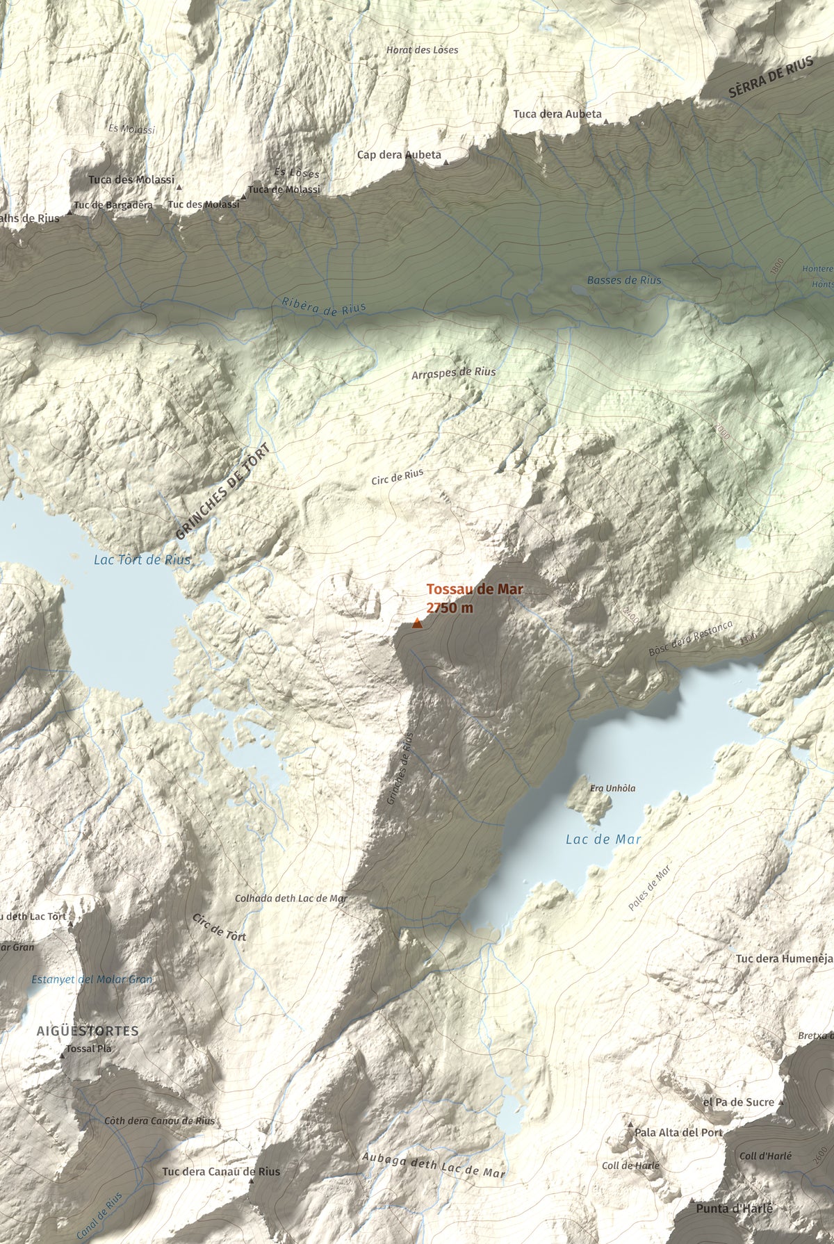 Mapa de relieve de Tossau de Mar, 2750 m, Val d'Aran, lámina 100 Cims de Trobart. Detalle de la zona central. 61 × 91 cm.