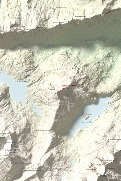 Mapa de relieve de Tossau de Mar, 2750 m, Val d'Aran, lámina 100 Cims de Trobart. Detalle de la zona central. 61 × 91 cm.