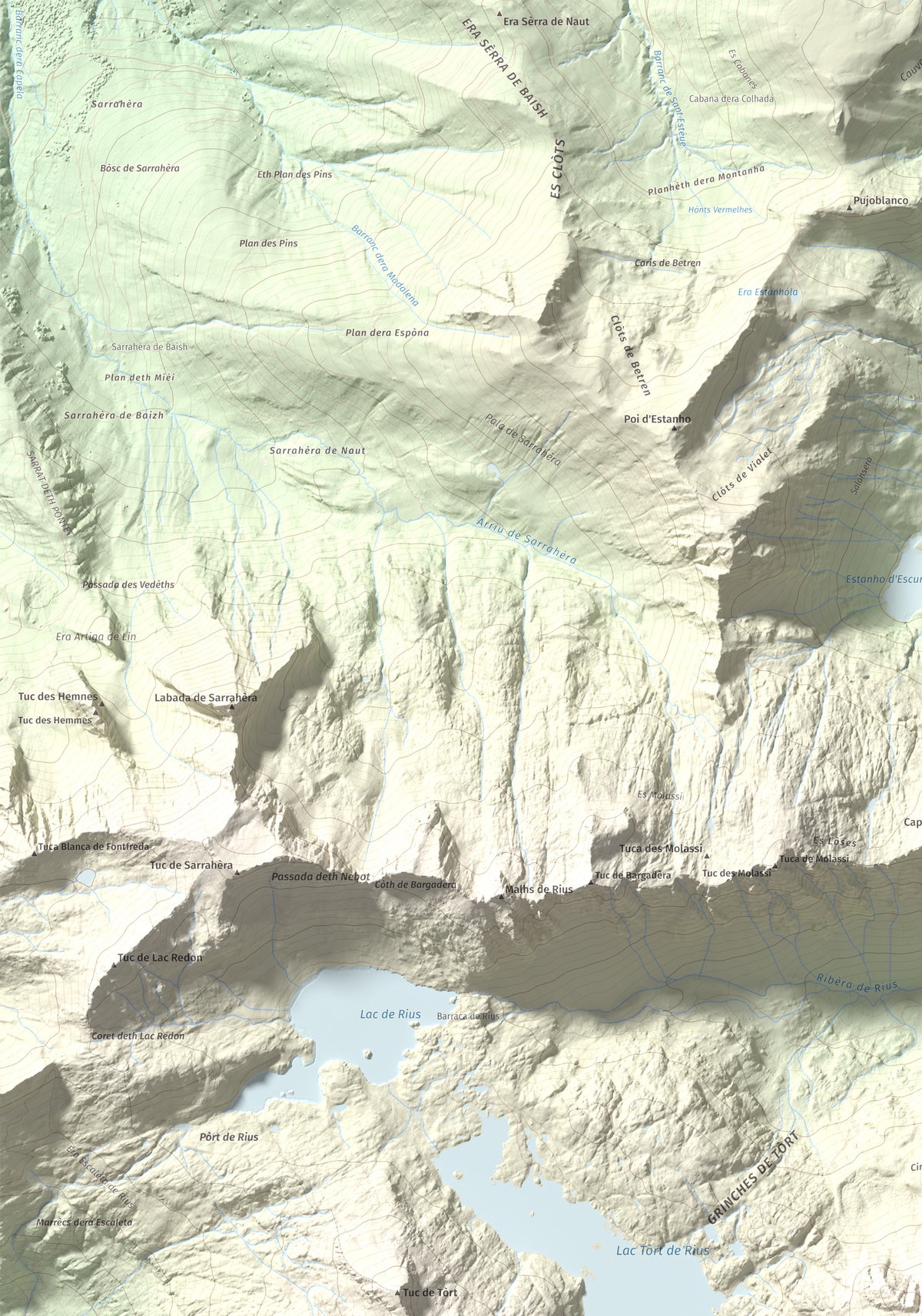 Mapa de relieve de Tossau de Mar, 2750 m, Val d'Aran, lámina 100 Cims de Trobart. Detalle de la zona superior izquierda. 70 × 100 cm.