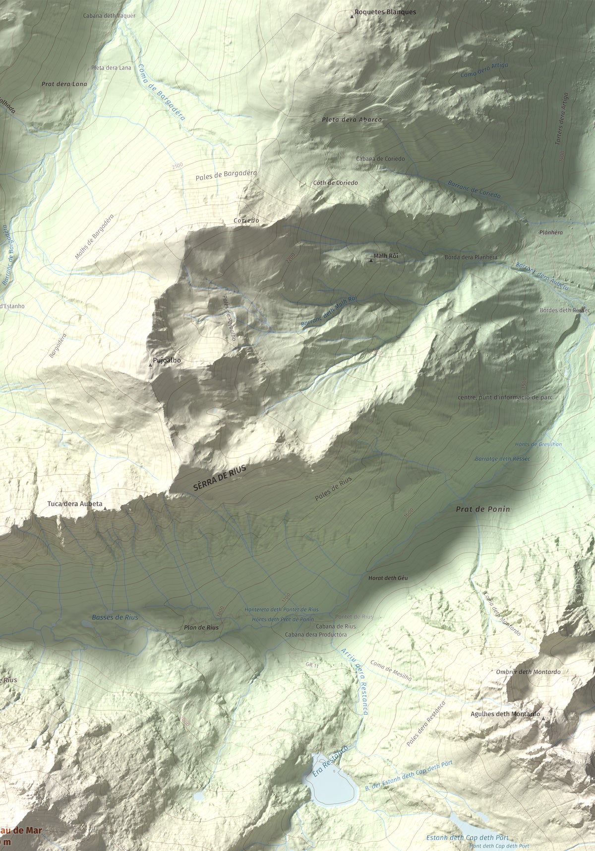 Mapa de relieve de Tossau de Mar, 2750 m, Val d'Aran, lámina 100 Cims de Trobart. Detalle de la zona superior derecha. 70 × 100 cm.