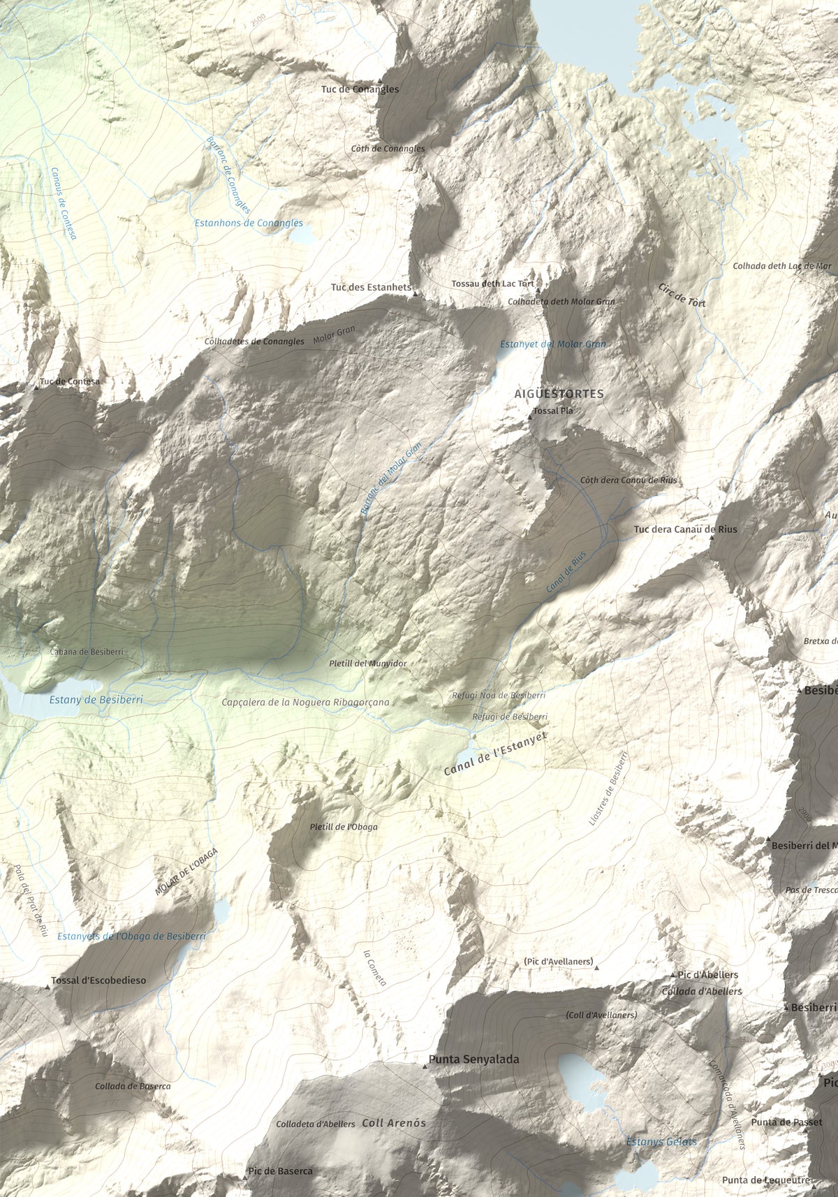 Mapa de relieve de Tossau de Mar, 2750 m, Val d'Aran, lámina 100 Cims de Trobart. Detalle de la zona inferior izquierda. 70 × 100 cm.