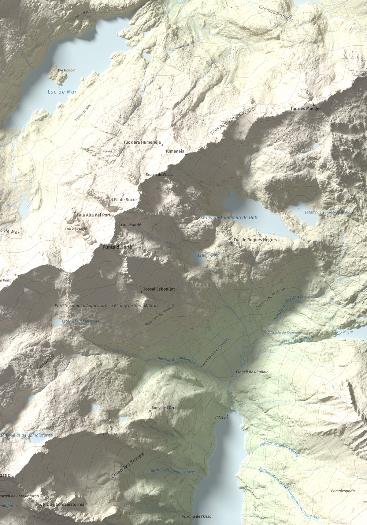 Mapa de relieve de Tossau de Mar, 2750 m, Val d'Aran, lámina 100 Cims de Trobart. Detalle de la zona inferior derecha. 70 × 100 cm.