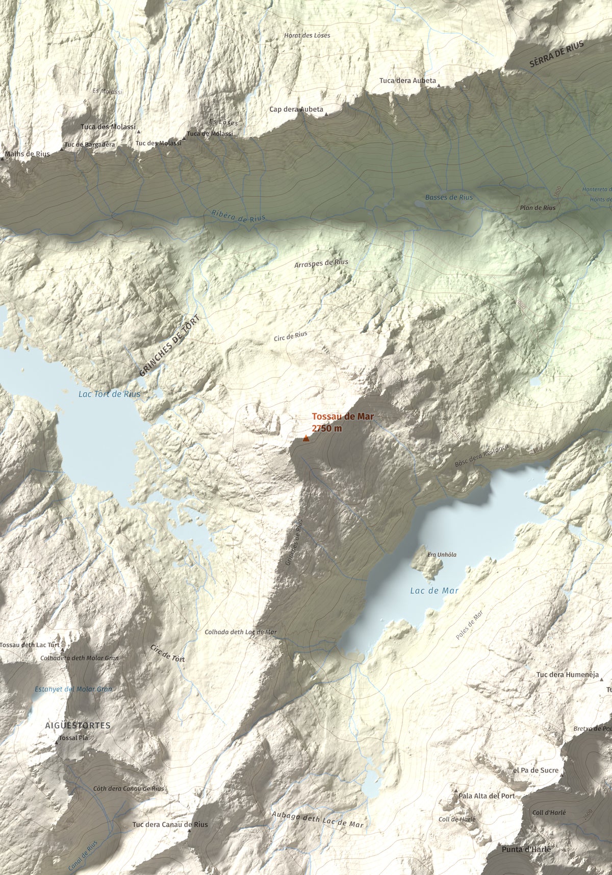 Mapa de relieve de Tossau de Mar, 2750 m, Val d'Aran, lámina 100 Cims de Trobart. Detalle de la zona central. 70 × 100 cm.