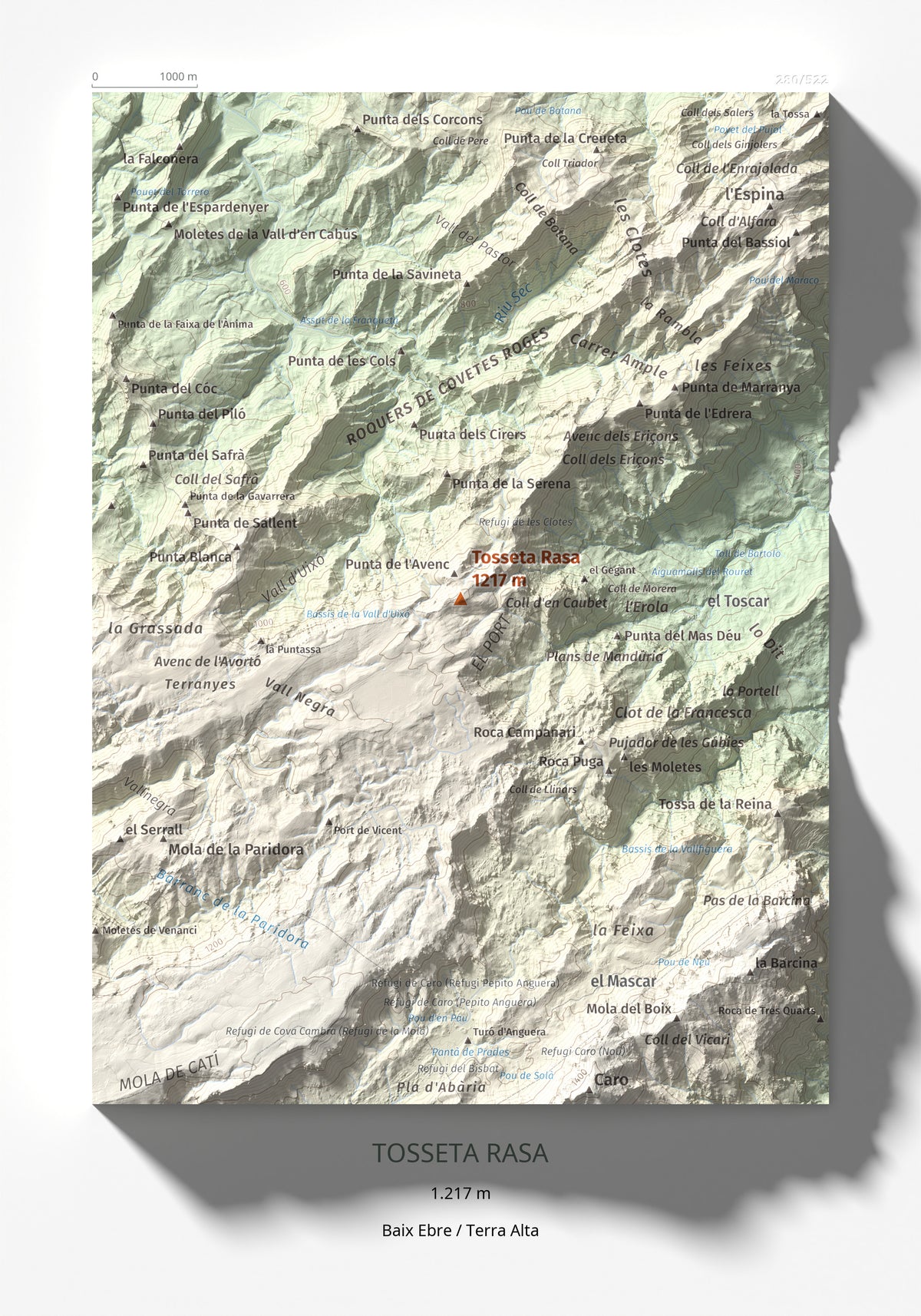Mapa de relieve de Tosseta Rasa, 1217 m, Baix Ebre · Terra Alta, lámina 100 Cims de Trobart 21 × 30 cm.