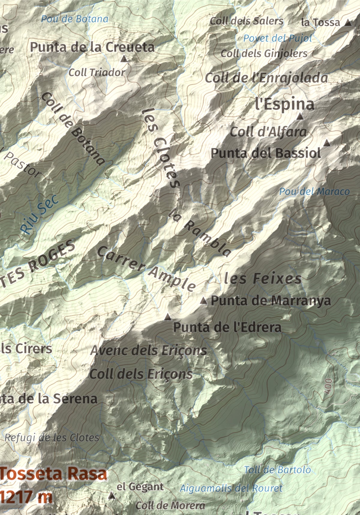 Mapa de relieve de Tosseta Rasa, 1217 m, Baix Ebre · Terra Alta, lámina 100 Cims de Trobart. Detalle de la zona superior derecha. 21 × 30 cm.