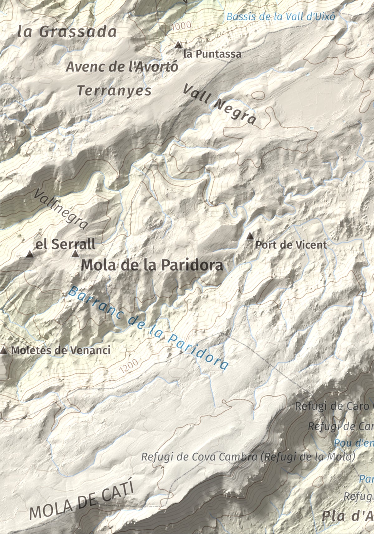 Mapa de relieve de Tosseta Rasa, 1217 m, Baix Ebre · Terra Alta, lámina 100 Cims de Trobart. Detalle de la zona inferior izquierda. 21 × 30 cm.