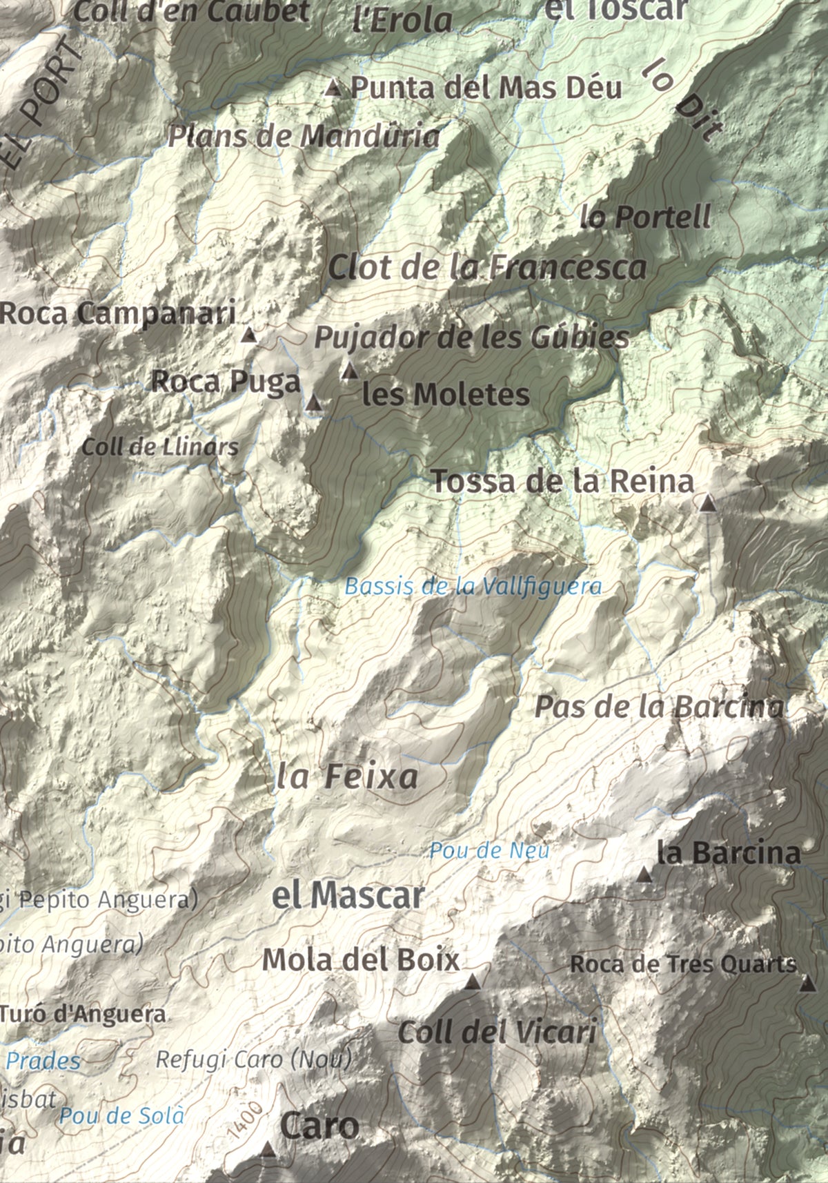 Mapa de relieve de Tosseta Rasa, 1217 m, Baix Ebre · Terra Alta, lámina 100 Cims de Trobart. Detalle de la zona inferior derecha. 21 × 30 cm.