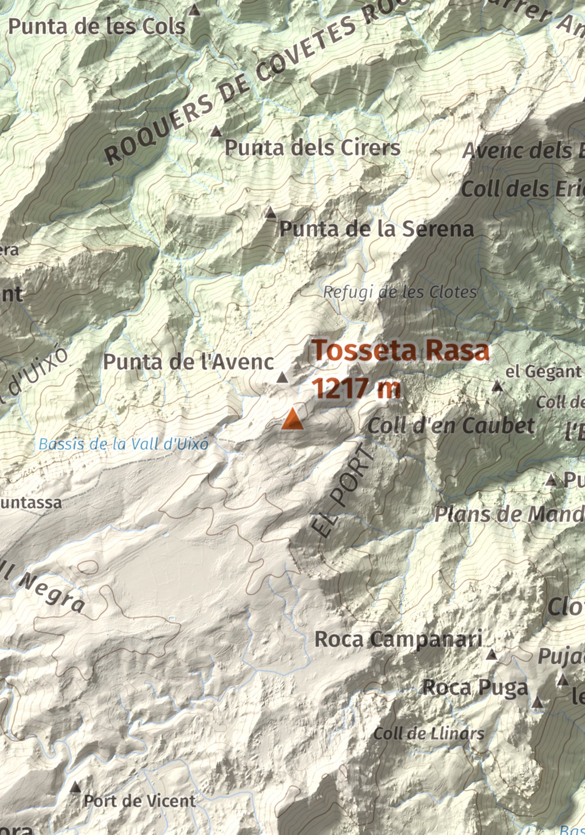 Mapa de relieve de Tosseta Rasa, 1217 m, Baix Ebre · Terra Alta, lámina 100 Cims de Trobart. Detalle de la zona central. 21 × 30 cm.