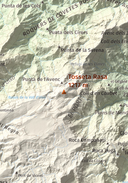 Mapa de relieve de Tosseta Rasa, 1217 m, Baix Ebre · Terra Alta, lámina 100 Cims de Trobart. Detalle de la zona central. 21 × 30 cm.