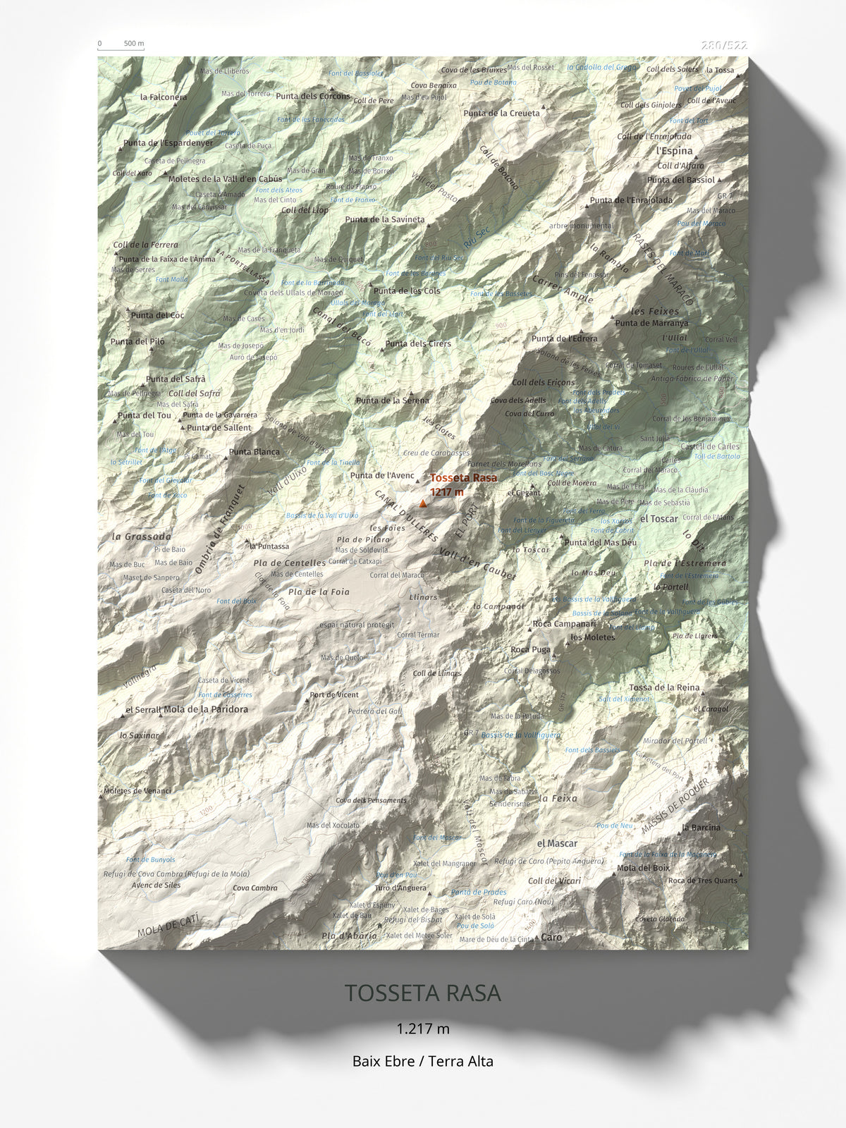 Mapa de relieve de Tosseta Rasa, 1217 m, Baix Ebre · Terra Alta, lámina 100 Cims de Trobart 30 × 40 cm.