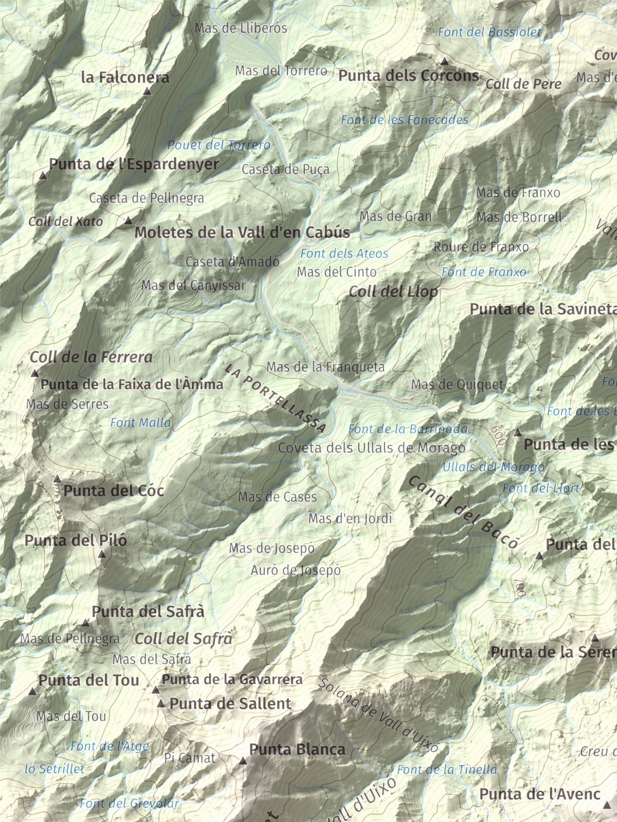 Mapa de relieve de Tosseta Rasa, 1217 m, Baix Ebre · Terra Alta, lámina 100 Cims de Trobart. Detalle de la zona superior izquierda. 30 × 40 cm.