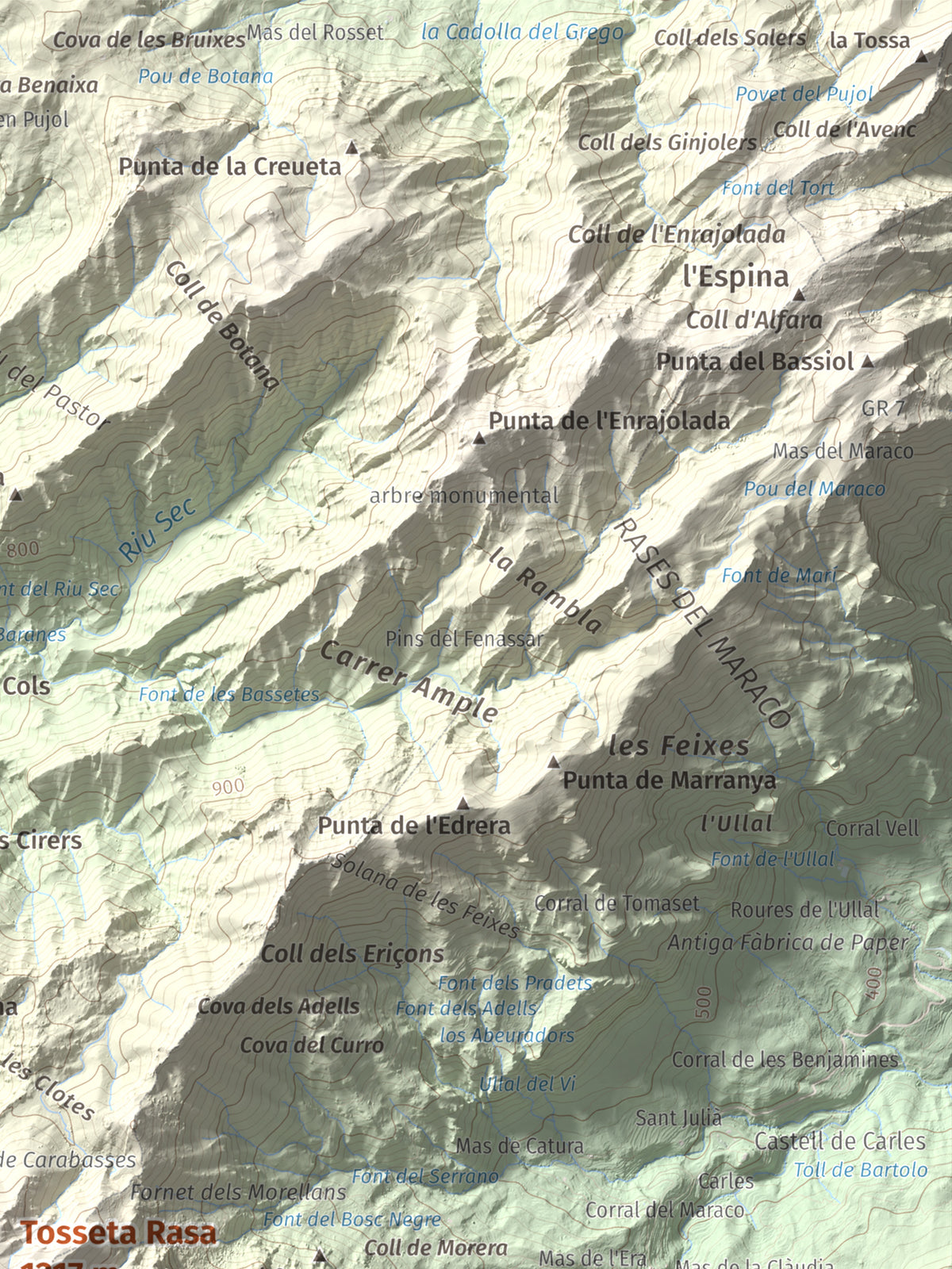 Mapa de relieve de Tosseta Rasa, 1217 m, Baix Ebre · Terra Alta, lámina 100 Cims de Trobart. Detalle de la zona superior derecha. 30 × 40 cm.