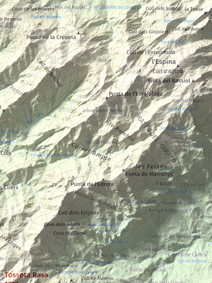 Mapa de relieve de Tosseta Rasa, 1217 m, Baix Ebre · Terra Alta, lámina 100 Cims de Trobart. Detalle de la zona superior derecha. 30 × 40 cm.