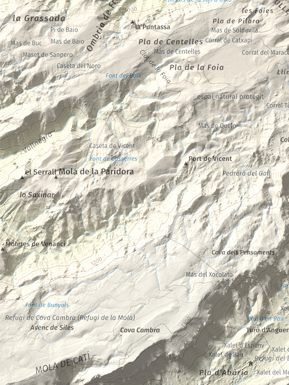 Mapa de relieve de Tosseta Rasa, 1217 m, Baix Ebre · Terra Alta, lámina 100 Cims de Trobart. Detalle de la zona inferior izquierda. 30 × 40 cm.
