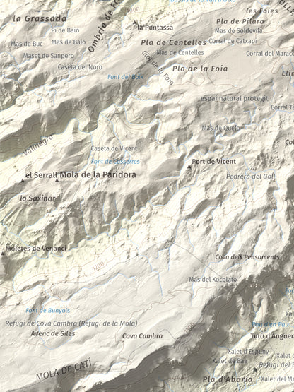 Mapa de relieve de Tosseta Rasa, 1217 m, Baix Ebre · Terra Alta, lámina 100 Cims de Trobart. Detalle de la zona inferior izquierda. 30 × 40 cm.