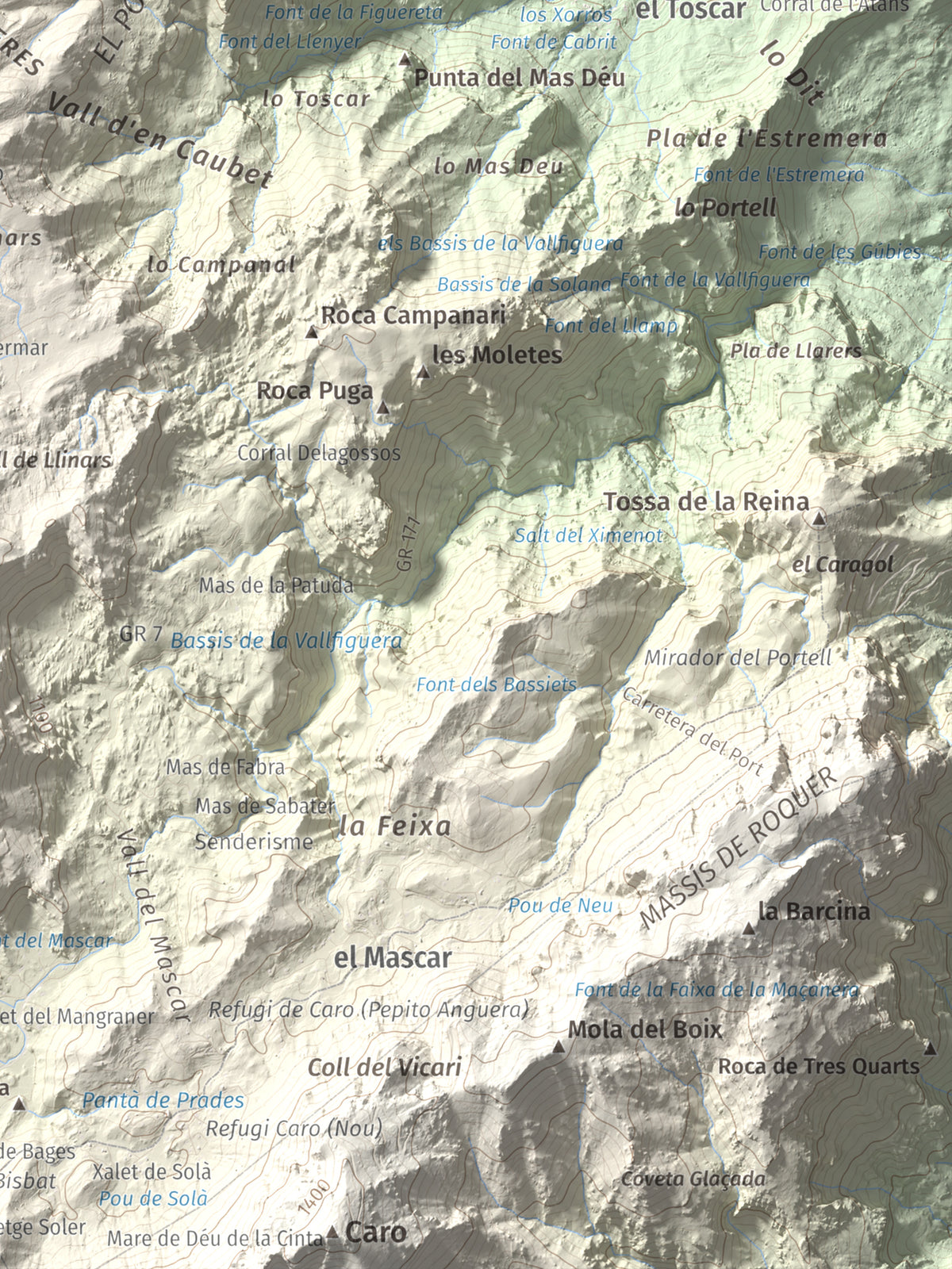 Mapa de relieve de Tosseta Rasa, 1217 m, Baix Ebre · Terra Alta, lámina 100 Cims de Trobart. Detalle de la zona inferior derecha. 30 × 40 cm.