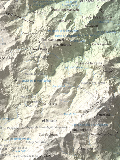 Mapa de relieve de Tosseta Rasa, 1217 m, Baix Ebre · Terra Alta, lámina 100 Cims de Trobart. Detalle de la zona inferior derecha. 30 × 40 cm.