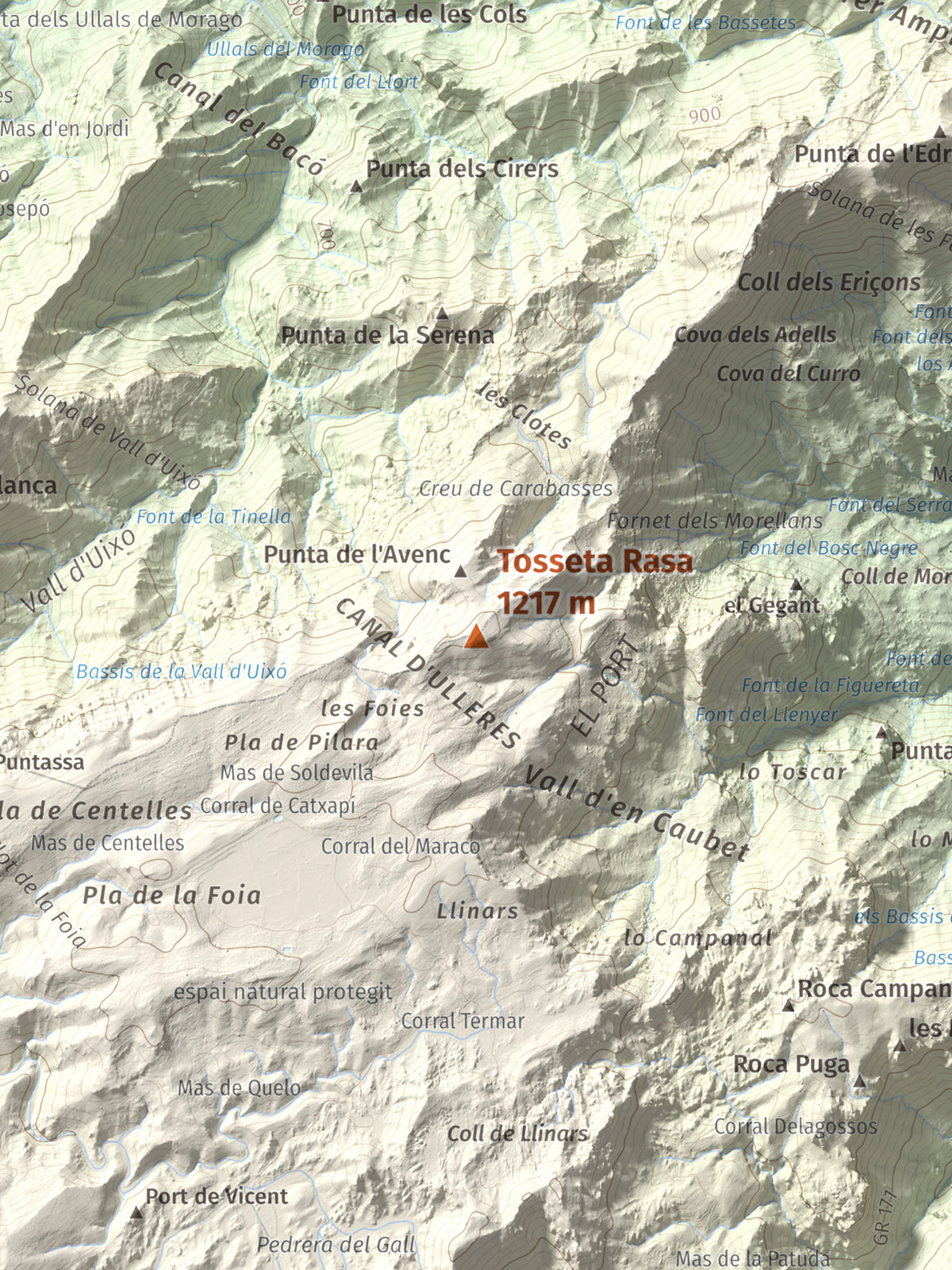 Mapa de relieve de Tosseta Rasa, 1217 m, Baix Ebre · Terra Alta, lámina 100 Cims de Trobart. Detalle de la zona central. 30 × 40 cm.