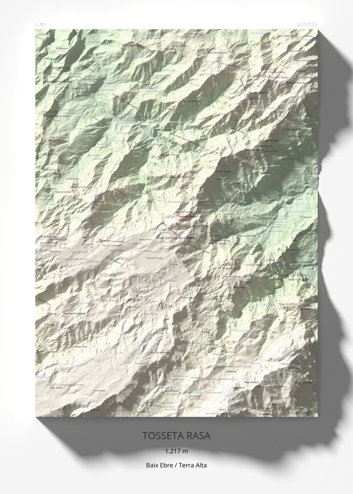 Mapa de relieve de Tosseta Rasa, 1217 m, Baix Ebre · Terra Alta, lámina 100 Cims de Trobart 50 × 70 cm.